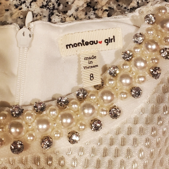 Monteau girls white dress, pearl rhinestone neck - Picture 3 of 5